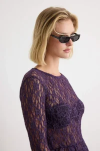 TRENDYOLMİLLA Dark Purple Plain peplum Crew Neck Asymmetric Lace Knitting Blouse - Image 2