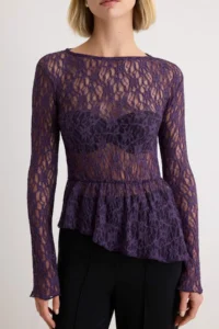 TRENDYOLMİLLA Dark Purple Plain peplum Crew Neck Asymmetric Lace Knitting Blouse - Image 3