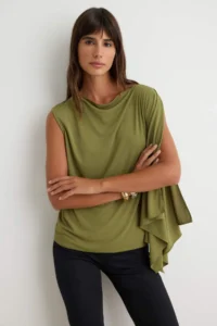 TRENDYOLMİLLA Khaki Plain Cape Detailed Draped Asymmetric Collar LONG Length Crepe Knitting Blouse