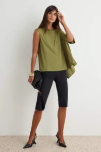 TRENDYOLMİLLA Khaki Plain Cape Detailed Draped Asymmetric Collar LONG Length Crepe Knitting Blouse - Image 2