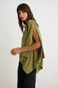 TRENDYOLMİLLA Khaki Plain Cape Detailed Draped Asymmetric Collar LONG Length Crepe Knitting Blouse - Image 3