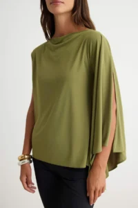 TRENDYOLMİLLA Khaki Plain Cape Detailed Draped Asymmetric Collar LONG Length Crepe Knitting Blouse - Image 4