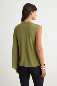 TRENDYOLMİLLA Khaki Plain Cape Detailed Draped Asymmetric Collar LONG Length Crepe Knitting Blouse - Image 5