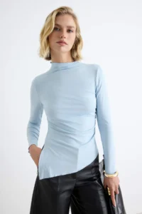 TRENDYOLMİLLA BLUE Plain Fitted High Neck Asymmetric Viscose single jersey Knitting Blouse - Image 2
