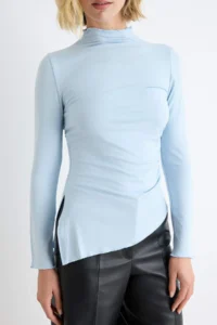TRENDYOLMİLLA BLUE Plain Fitted High Neck Asymmetric Viscose single jersey Knitting Blouse - Image 3