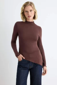 TRENDYOLMİLLA Brown Plain Fitted High Neck Asymmetric Viscose single jersey Knitting Blouse - Image 2
