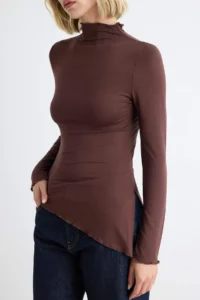 TRENDYOLMİLLA Brown Plain Fitted High Neck Asymmetric Viscose single jersey Knitting Blouse - Image 3