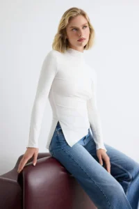 TRENDYOLMİLLA Ecru Plain Fitted High Neck Asymmetric Viscose single jersey Knitting Blouse - Image 2