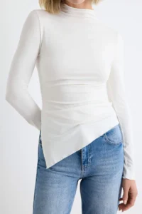 TRENDYOLMİLLA Ecru Plain Fitted High Neck Asymmetric Viscose single jersey Knitting Blouse - Image 3