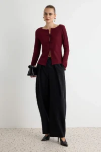 TRENDYOLMİLLA Burgundy Plain Fitted China buttoned Ornate Cowl Neck LONG Regular Pattern Camisole Knitting Blouse - Image 2