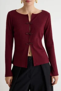 TRENDYOLMİLLA Burgundy Plain Fitted China buttoned Ornate Cowl Neck LONG Regular Pattern Camisole Knitting Blouse - Image 3