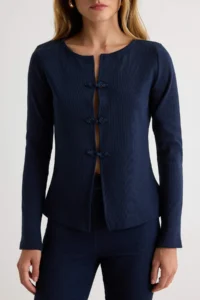 TRENDYOLMİLLA NAVY BLUE Plain Fitted China buttoned Ornate Cowl Neck Regular Pattern Camisole Knitting Blouse - Image 3
