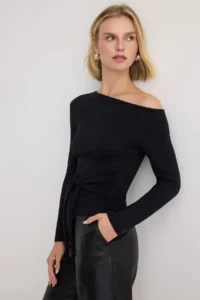 TRENDYOLMİLLA Black Asymmetric Collar Fitted Off Shoulder Binding Detailed Knitting Blouse - Image 2
