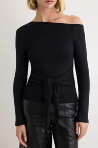 TRENDYOLMİLLA Black Asymmetric Collar Fitted Off Shoulder Binding Detailed Knitting Blouse - Image 3