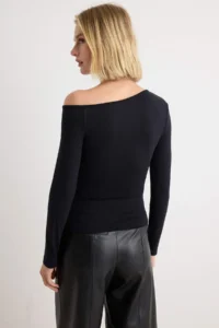 TRENDYOLMİLLA Black Asymmetric Collar Fitted Off Shoulder Binding Detailed Knitting Blouse - Image 4