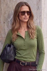 TRENDYOLMİLLA Khaki Woolly Transparent Crew Neck LONG Half Patch buttoned Knitting Blouse - Image 2