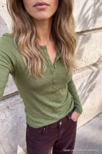 TRENDYOLMİLLA Khaki Woolly Transparent Crew Neck LONG Half Patch buttoned Knitting Blouse - Image 3