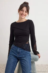 TRENDYOLMİLLA Black Plain Fitted Boat Neck Spanish Arm Lace Detailed Soft Flexible Knitting Blouse