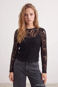 TRENDYOLMİLLA Black Plain Fitted Crew Neck Lace Knitting Blouse - Image 3