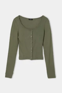 TRENDYOLMİLLA Khaki Plain Fitted Cowl Neck snaps Crop Viscose Rib Knitting Blouse - Image 4