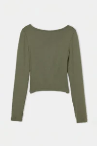 TRENDYOLMİLLA Khaki Plain Fitted Cowl Neck snaps Crop Viscose Rib Knitting Blouse - Image 6