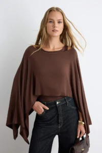 TRENDYOLMİLLA Brown Transparent 2 Sets Boat Neck Sleeve Draped Fake Knitwear Knitting Blouse