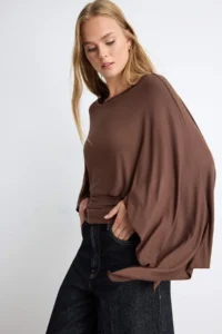 TRENDYOLMİLLA Brown Transparent 2 Sets Boat Neck Sleeve Draped Fake Knitwear Knitting Blouse - Image 2