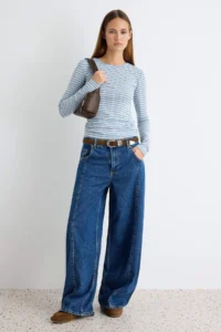 TRENDYOLMİLLA BLUE Striped Fitted Boat Neck LONG Rib Knitting Blouse - Image 2