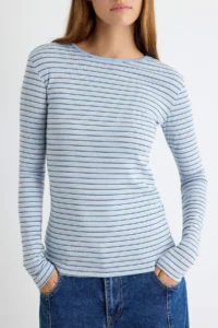 TRENDYOLMİLLA BLUE Striped Fitted Boat Neck LONG Rib Knitting Blouse - Image 3