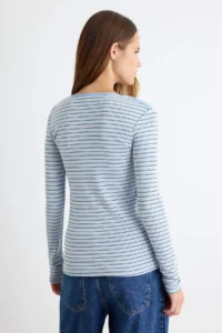 TRENDYOLMİLLA BLUE Striped Fitted Boat Neck LONG Rib Knitting Blouse - Image 4