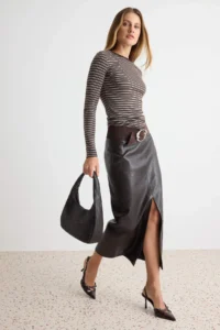 TRENDYOLMİLLA Brown Striped Fitted Boat Neck LONG Rib Knitting Blouse - Image 2