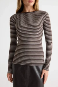 TRENDYOLMİLLA Brown Striped Fitted Boat Neck LONG Rib Knitting Blouse - Image 3