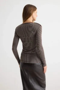 TRENDYOLMİLLA Brown Striped Fitted Boat Neck LONG Rib Knitting Blouse - Image 4