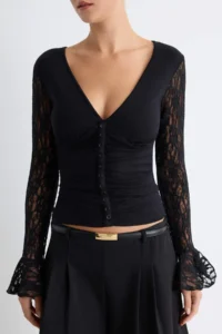 TRENDYOLMİLLA Black Plain Fitted V-neck Lace Detailed Fitted Viscose Rib Knitting Blouse - Image 3