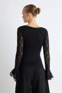 TRENDYOLMİLLA Black Plain Fitted V-neck Lace Detailed Fitted Viscose Rib Knitting Blouse - Image 4