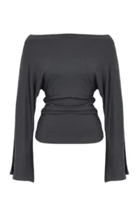 TRENDYOLMİLLA Anthracite Plain Fitted Boat Neck Bat Arm Viscose Rib Knitting Blouse - Image 5