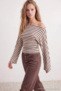 TRENDYOLMİLLA Multicolored Striped Fitted Bat Arm Viscose Rib Knitting Blouse