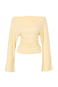 TRENDYOLMİLLA Yellow Plain Fitted Boat Neck Bat Arm Viscose Rib Knitting Blouse - Image 4