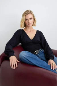 TRENDYOLMİLLA Black Plain Fitted V-neck Balloon Sleeve Soft Knitting Blouse - Image 2