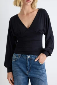 TRENDYOLMİLLA Black Plain Fitted V-neck Balloon Sleeve Soft Knitting Blouse - Image 3