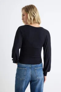 TRENDYOLMİLLA Black Plain Fitted V-neck Balloon Sleeve Soft Knitting Blouse - Image 4