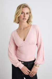 TRENDYOLMİLLA Powder PINK Plain Fitted V-neck Balloon Sleeve Soft Knitting Blouse - Image 5