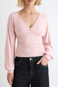 TRENDYOLMİLLA Powder PINK Plain Fitted V-neck Balloon Sleeve Soft Knitting Blouse - Image 7