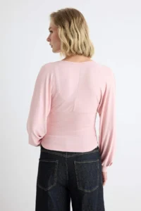 TRENDYOLMİLLA Powder PINK Plain Fitted V-neck Balloon Sleeve Soft Knitting Blouse - Image 8
