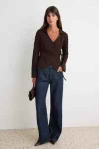TRENDYOLMİLLA Brown Plain Fitted Double breasted Standard Long Sleeve interlock Knitting Blouse - Image 2