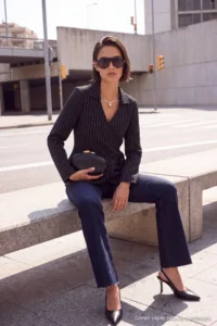 TRENDYOLMİLLA Multicolored Striped Fitted Double breasted Standard Long Sleeve interlock Knitting Blouse - Image 2