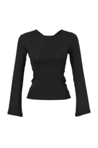 TRENDYOLMİLLA Black Plain Fitted Crew Neck Low-cut back Viscose Rib Knitting Blouse - Image 7