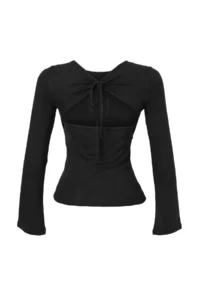 TRENDYOLMİLLA Black Plain Fitted Crew Neck Low-cut back Viscose Rib Knitting Blouse - Image 8