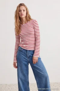 TRENDYOLMİLLA Red Striped Fitted Crew Neck Low-cut back Viscose Rib Knitting Blouse - Image 2
