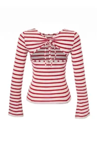 TRENDYOLMİLLA Red Striped Fitted Crew Neck Low-cut back Viscose Rib Knitting Blouse - Image 8